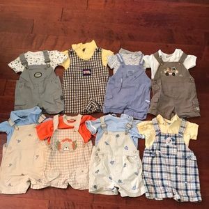 Lot of 8 overalls with matching shirts.
